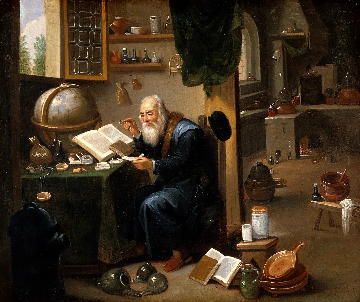 A scholar reading in a study crowded with globes, jars, and instruments.