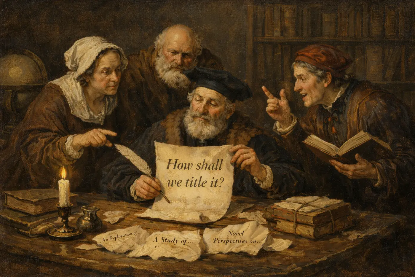 Figures at a candlelit table arguing over a sheet that reads “How shall we title it?”