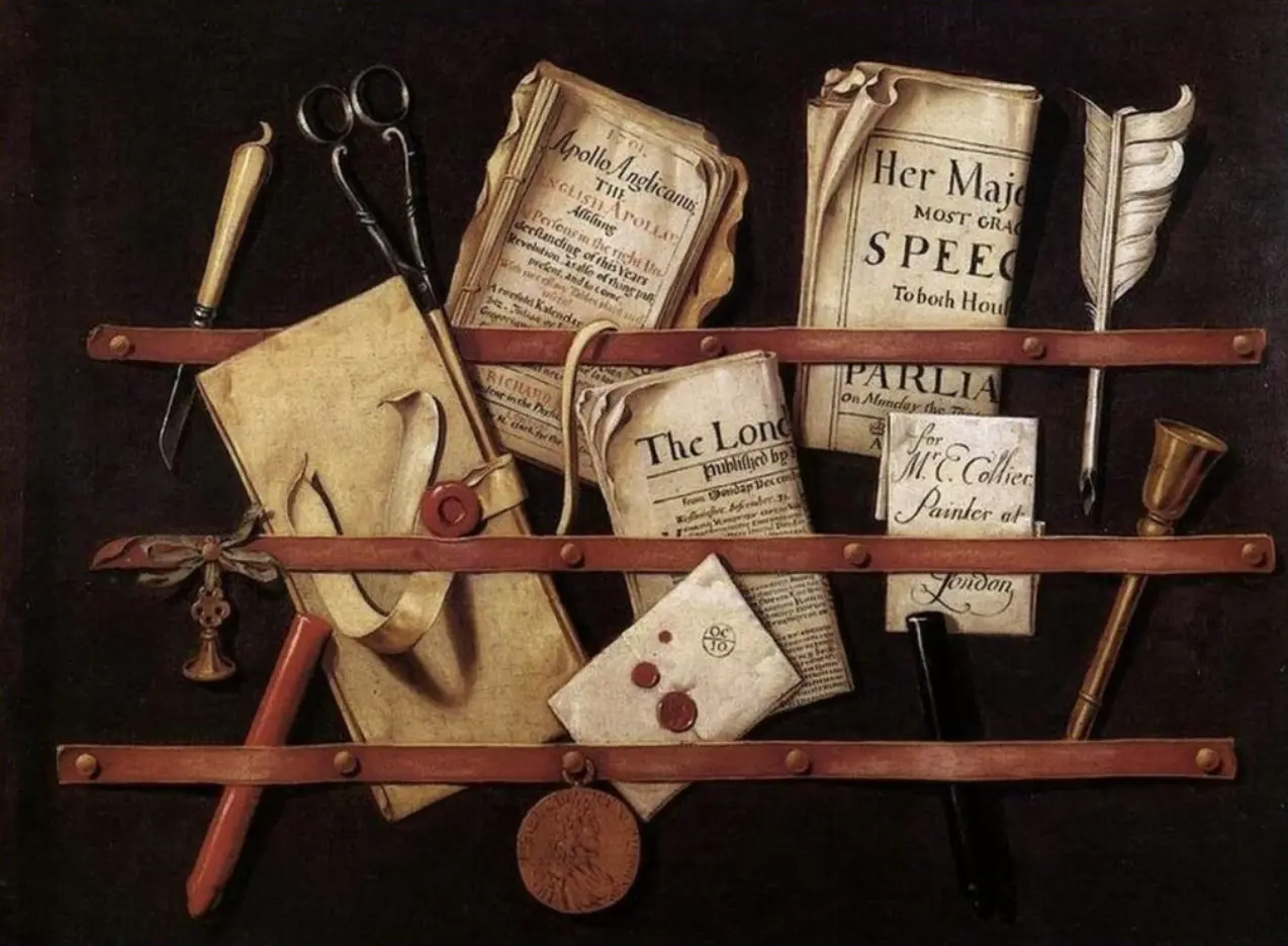 A trompe-l’œil letter rack, with letters and papers tucked behind ribbons.