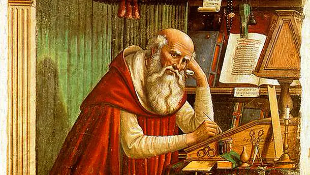 Saint Jerome in a red cloak at his writing desk.