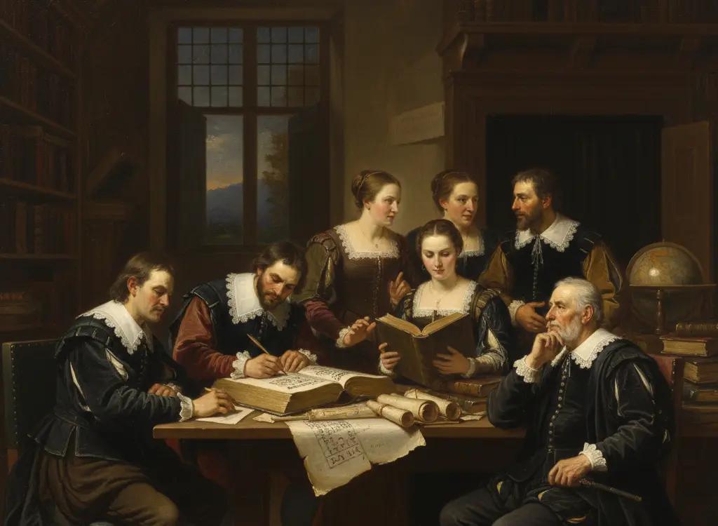 A group of scholars working together at a table covered with books and papers.