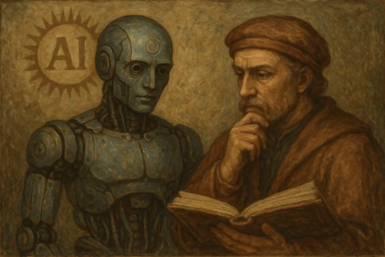 A painted scene in which a mechanical figure marked AI sits beside a scholar with an open book.
