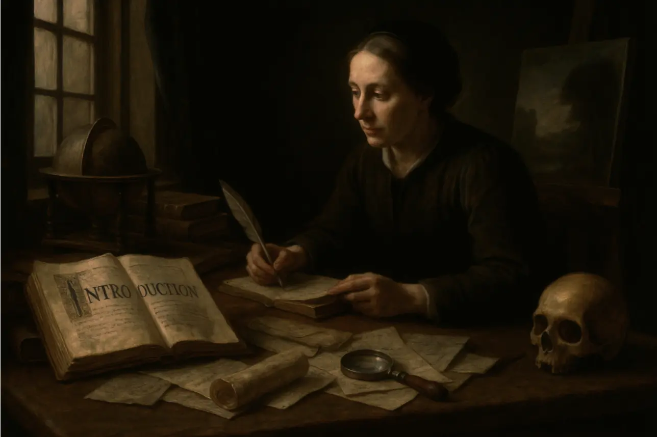 A scholar writing at night beside an open book labeled Introduction.