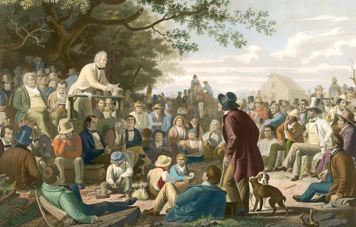 A nineteenth-century painting of a crowd gathered under a tree to hear a speaker.
