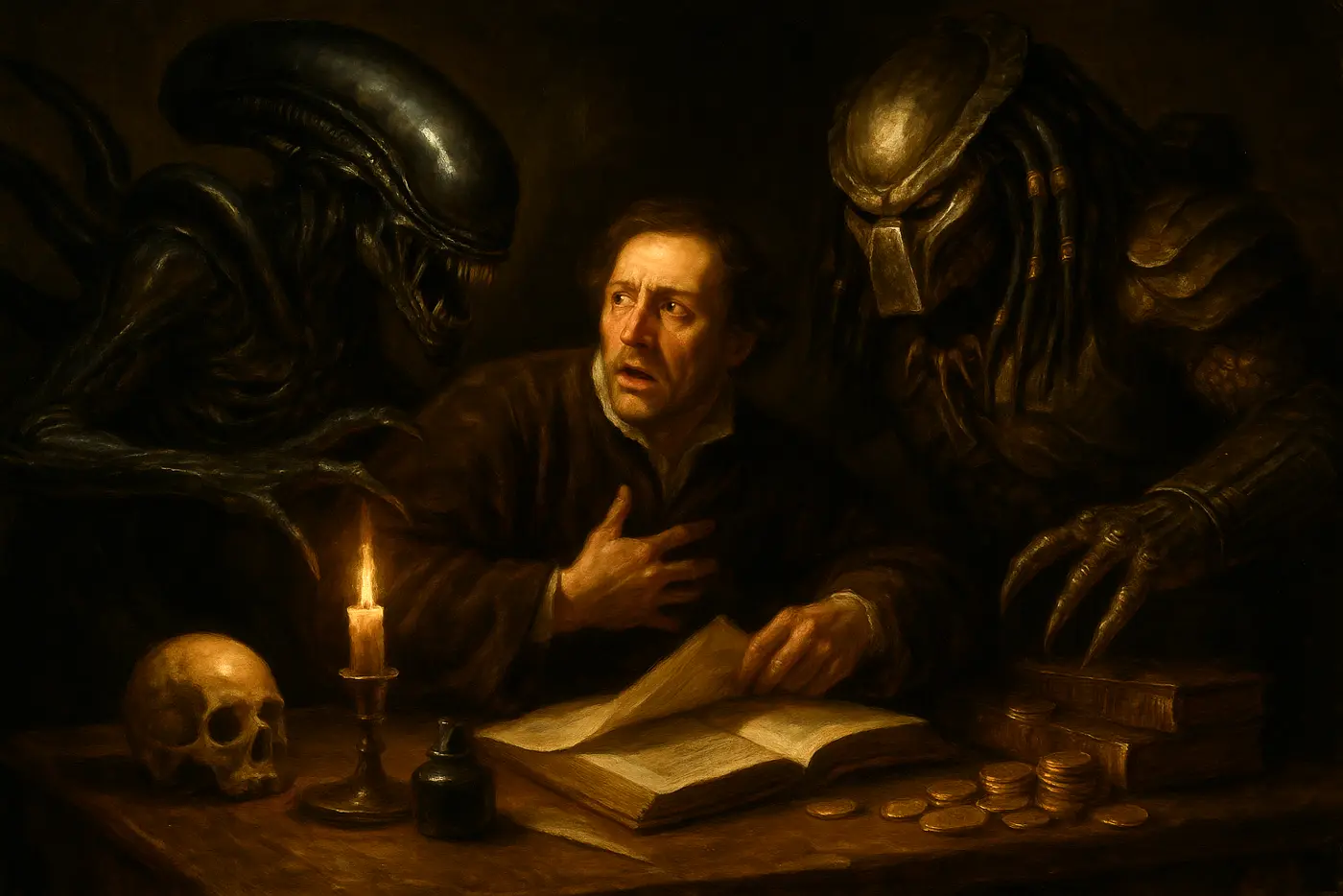 A scholar writing by candlelight while two monstrous figures loom over the desk.