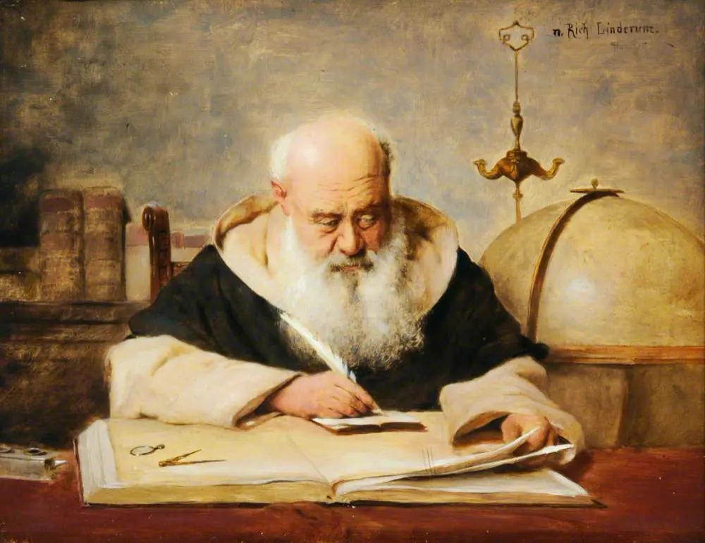 An elderly scholar correcting a manuscript at his desk.