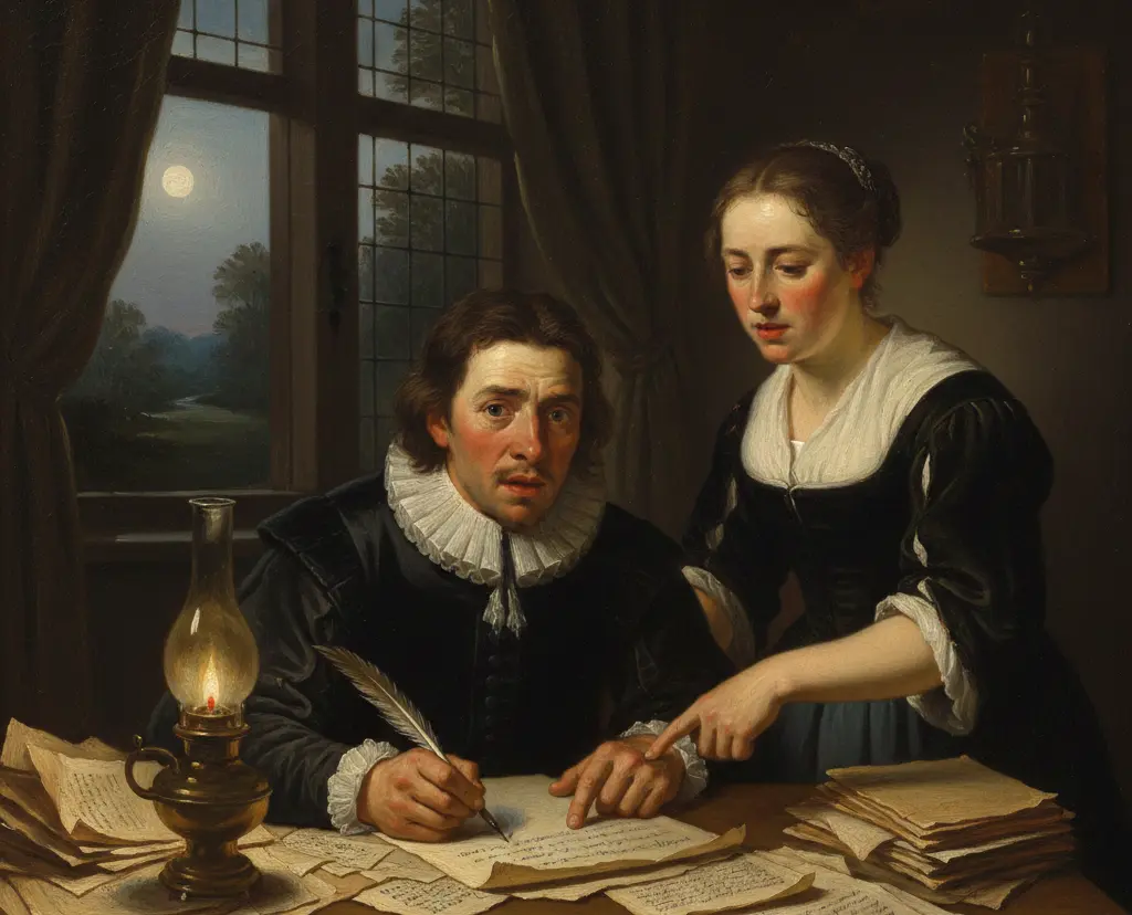 Two people at a lamp-lit table, one writing while the other reads along.