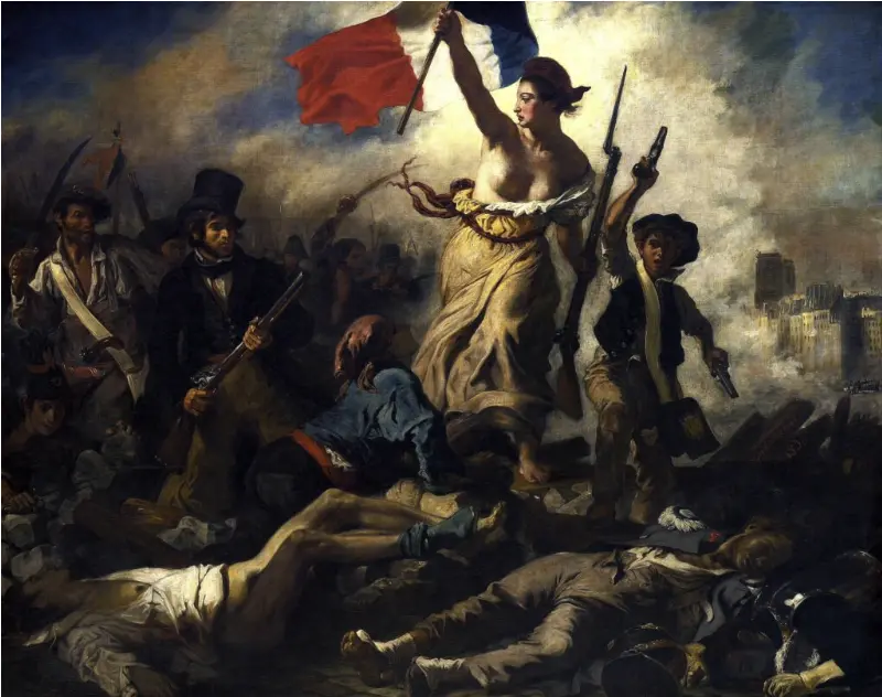 A revolutionary crowd advancing behind a woman carrying a flag.