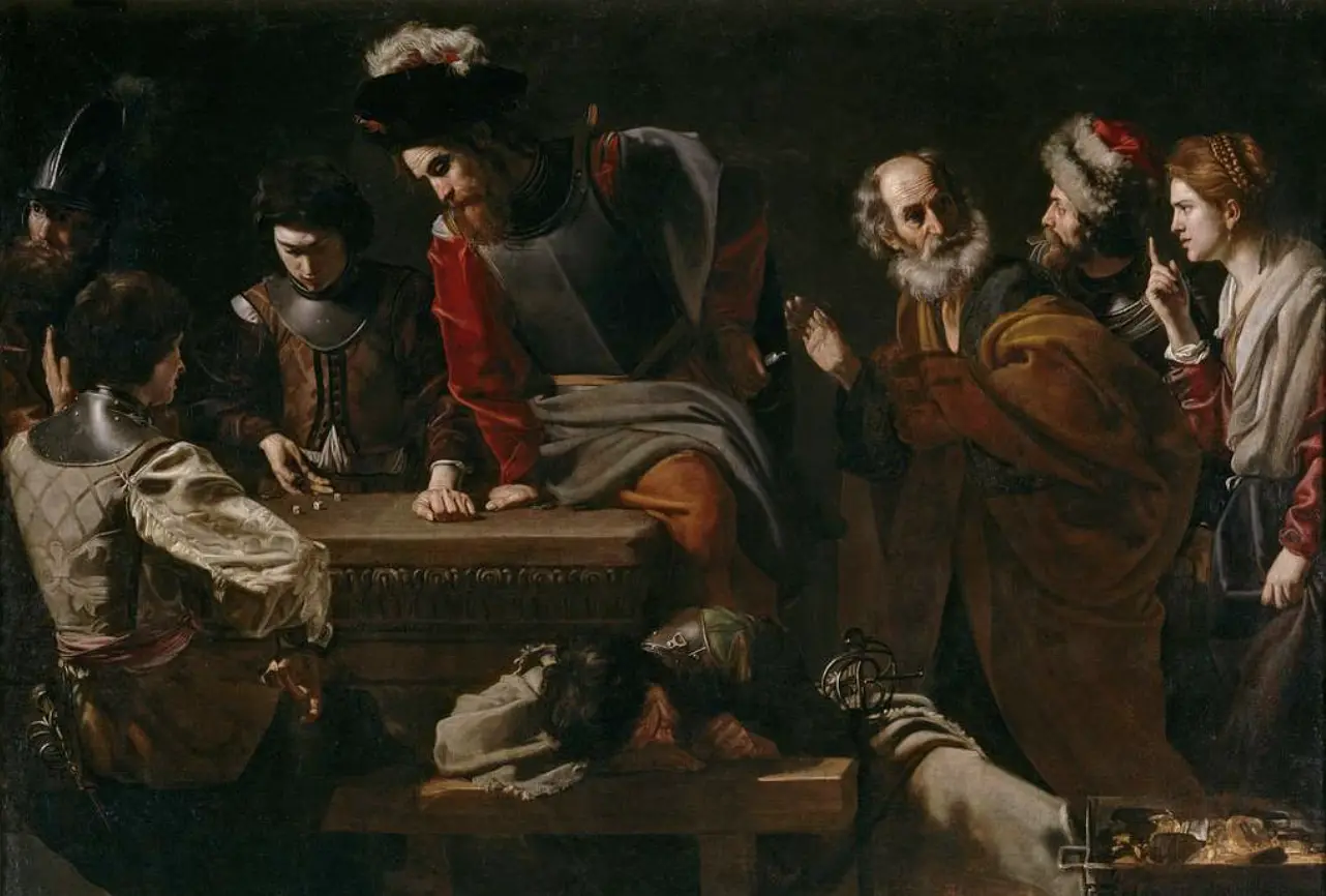 A dark interior in which a group crowds around a table, arguing over a document.