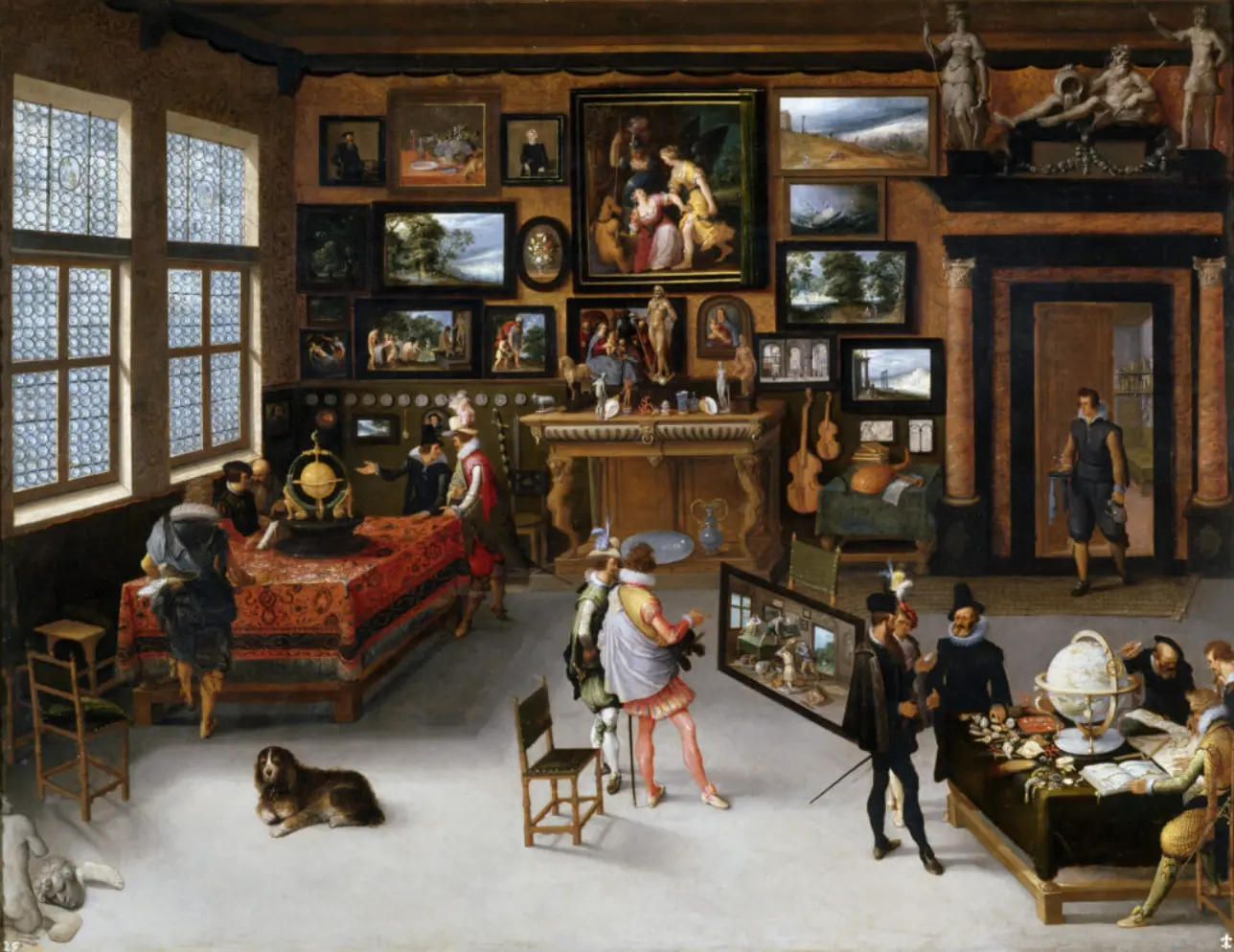A seventeenth-century picture gallery crowded with paintings, sculpture, and instruments.