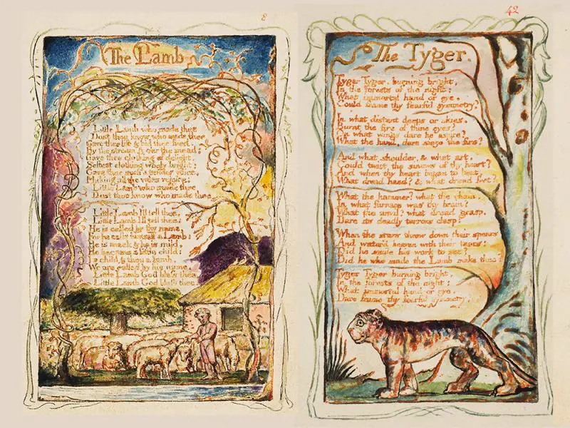 Two illuminated manuscript pages with hand-lettered poems and small painted scenes.